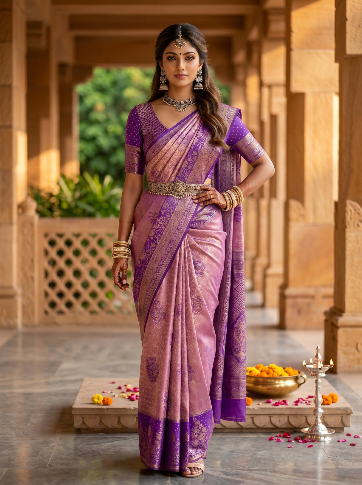 MIMOSA Pink Kanjivaram Art Silk Saree — pose 4 styling detail
