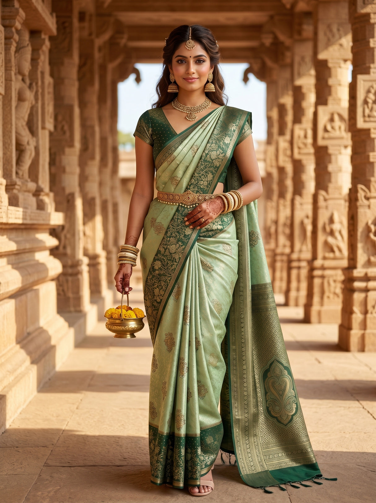 MIMOSA Pista Kanjivaram Art Silk Saree — AI Model lifestyle pose in temple corridor