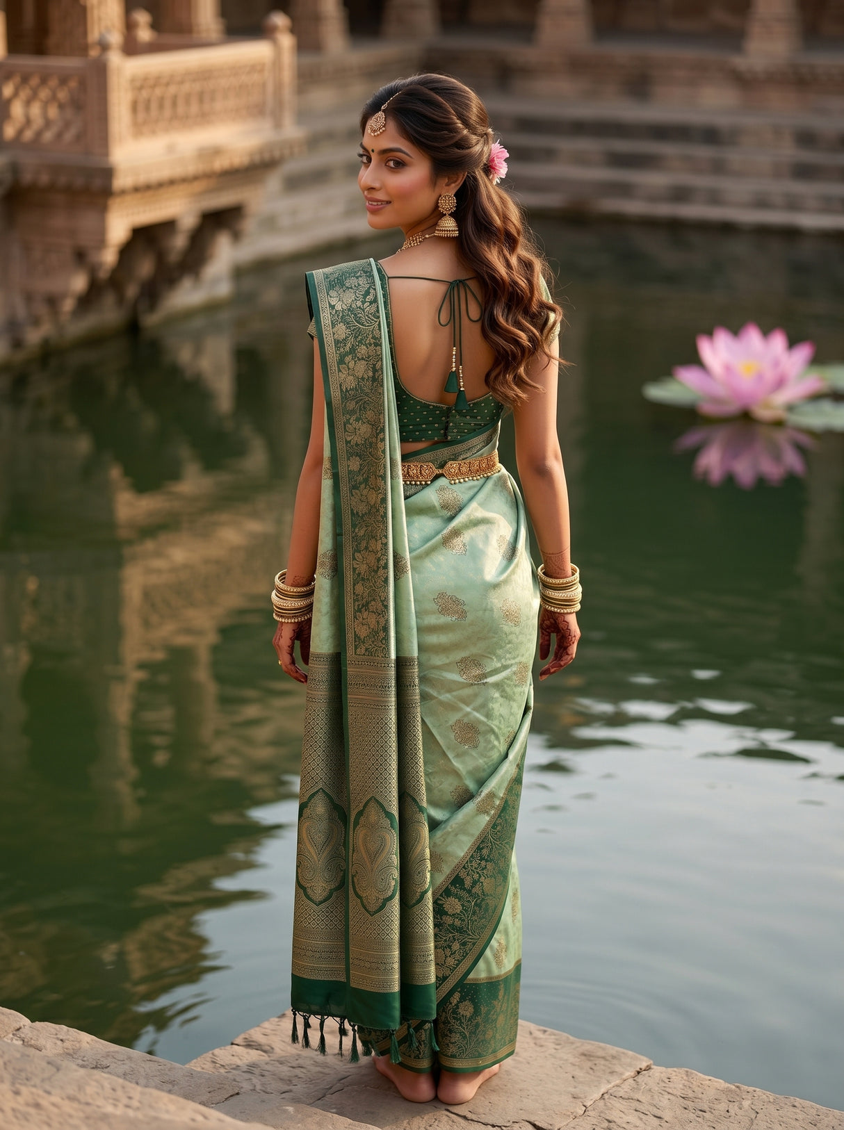 MIMOSA Pista Kanjivaram Art Silk Saree — pose 2 styling detail