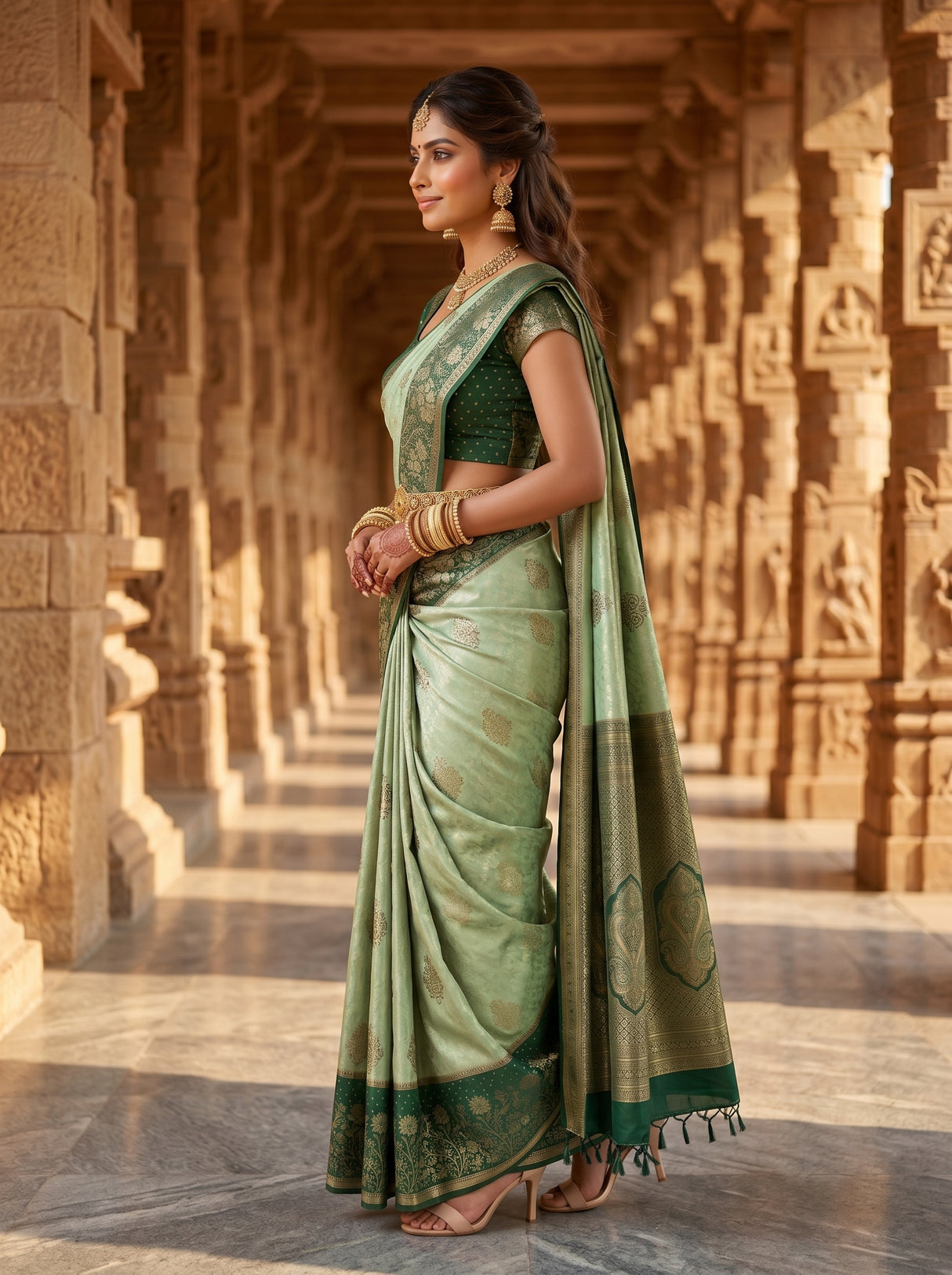 MIMOSA Pista Kanjivaram Art Silk Saree — pose 3 styling detail