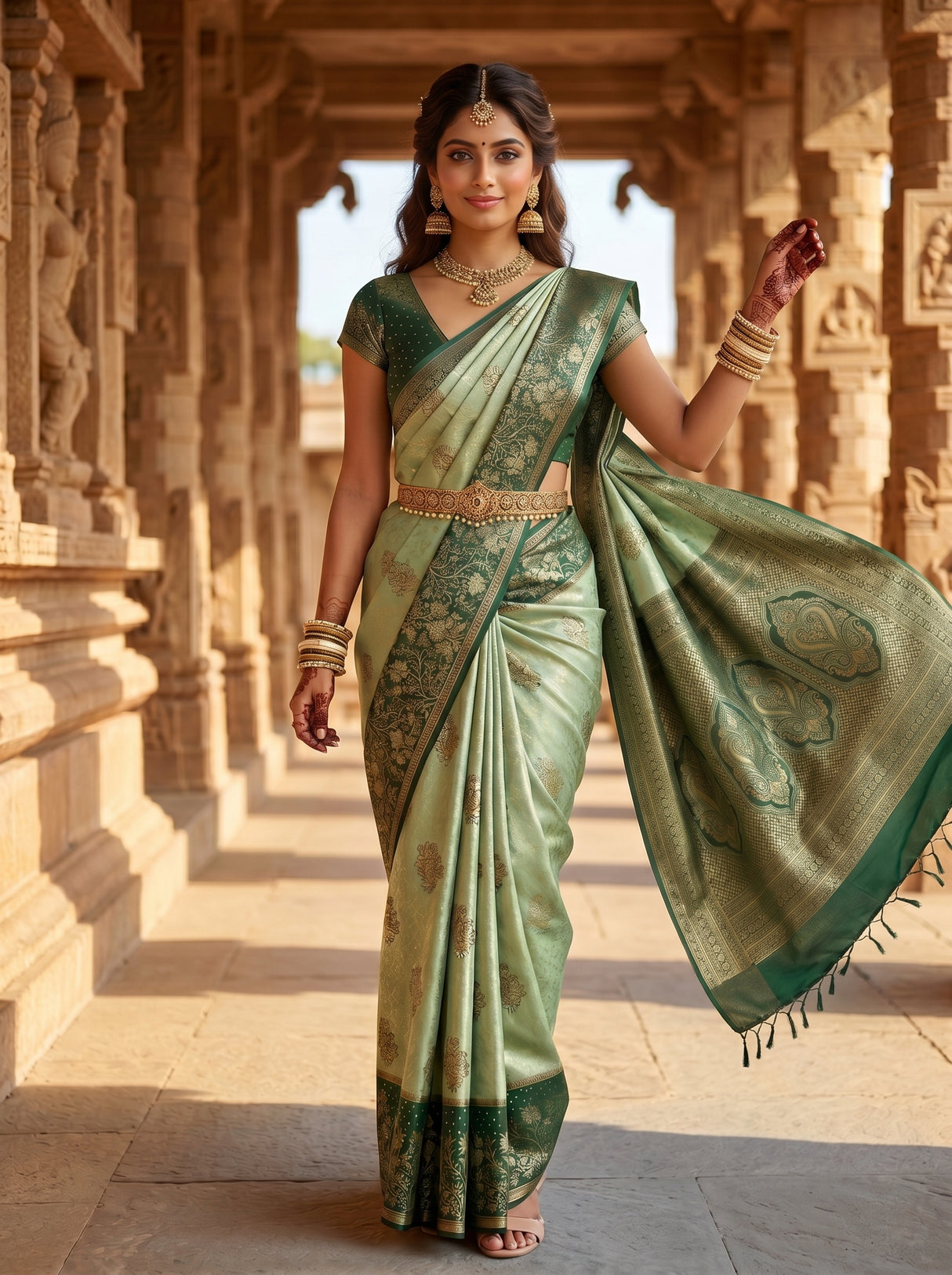 MIMOSA Pista Kanjivaram Art Silk Saree — pose 5 styling detail