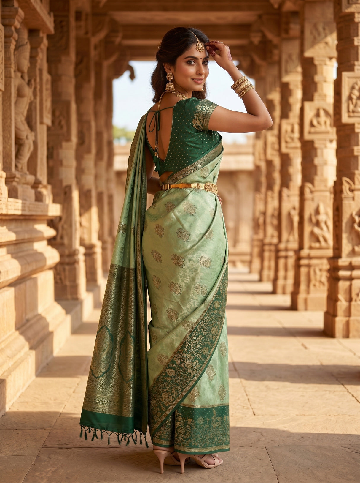 MIMOSA Pista Kanjivaram Art Silk Saree — pose 7 styling detail