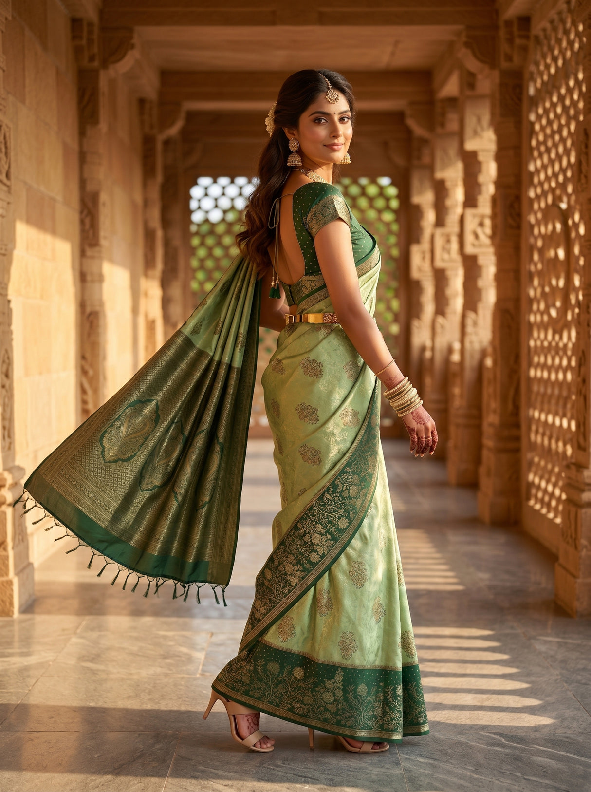 MIMOSA Pista Kanjivaram Art Silk Saree — pose 9 styling detail