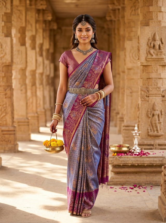 MIMOSA Royal Blue Kanjivaram Art Silk Saree — AI Model lifestyle pose in temple corridor