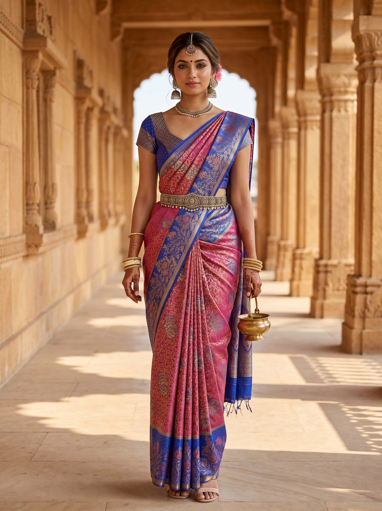 MIMOSA Rani Kanjivaram Art Silk Saree — AI Model lifestyle pose in temple corridor