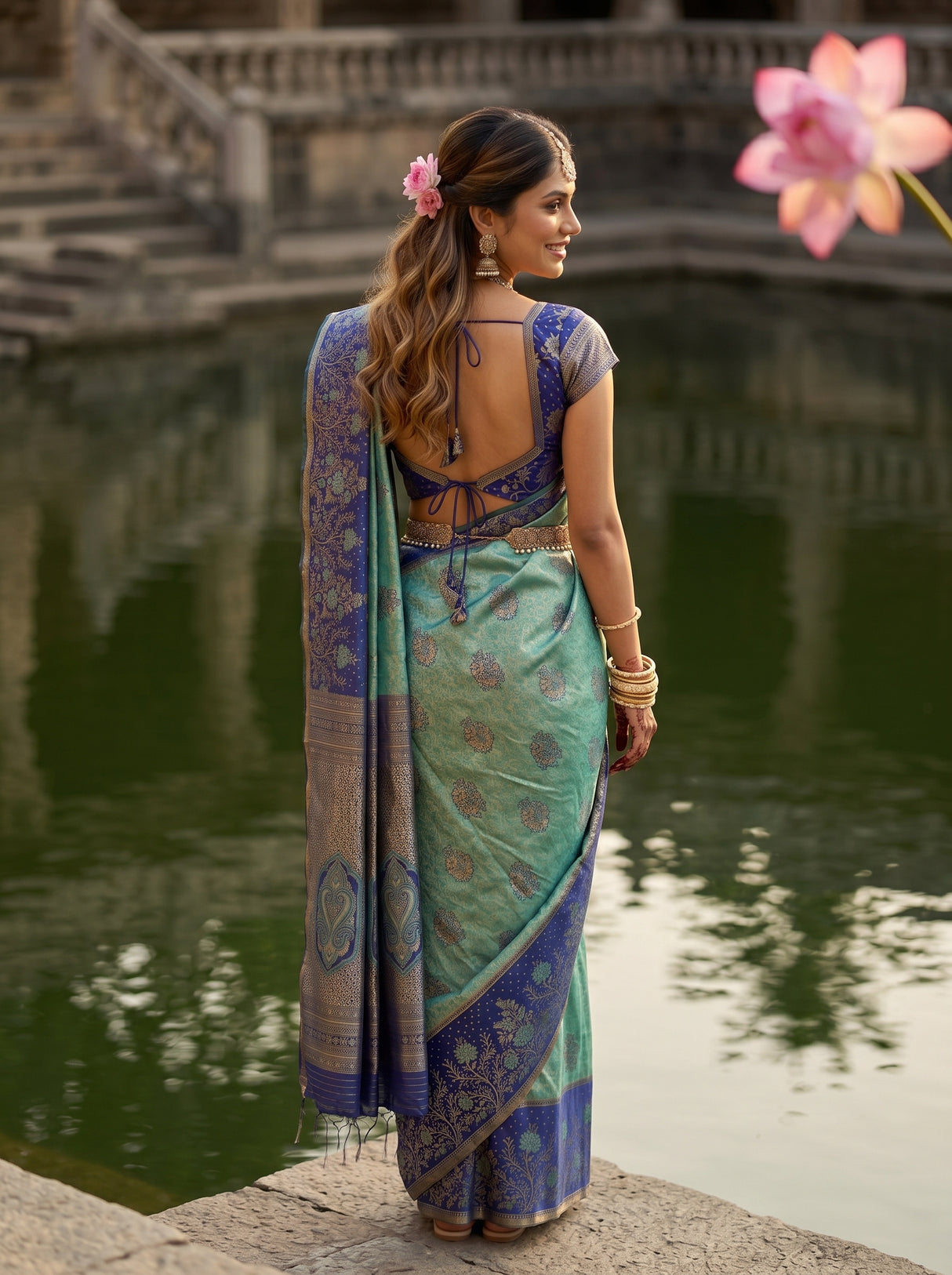 MIMOSA Sapphire Kanjivaram Art Silk Saree — pose 2 styling detail