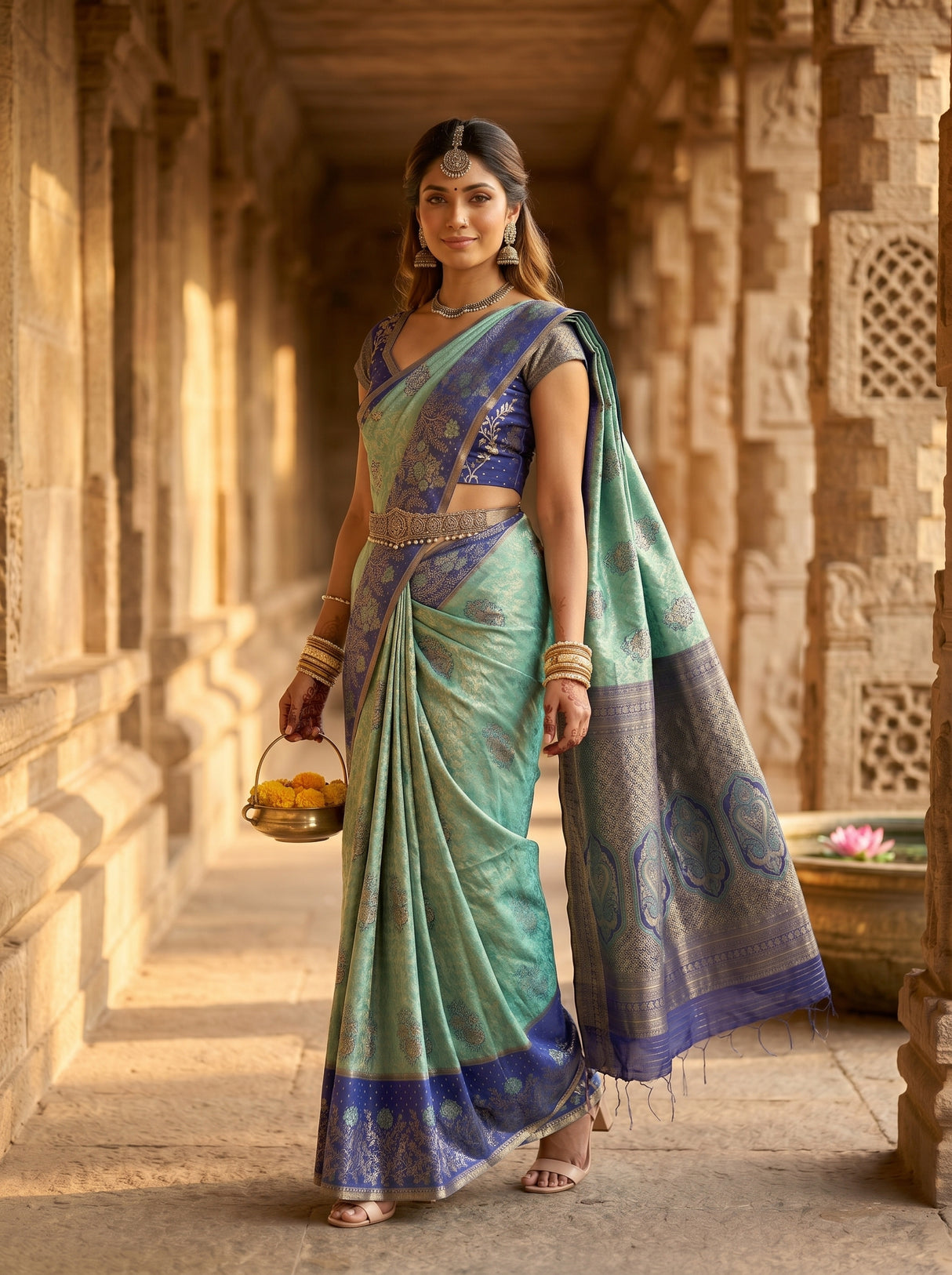 MIMOSA Sapphire Kanjivaram Art Silk Saree — pose 5 styling detail