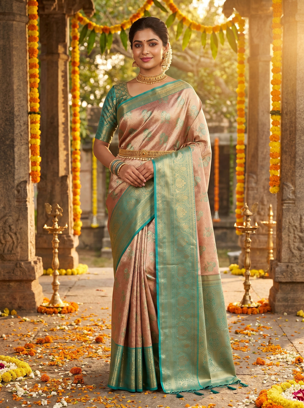 MIMOSA Maroon Kanjivaram Art Silk Saree — Draped Mannequin View