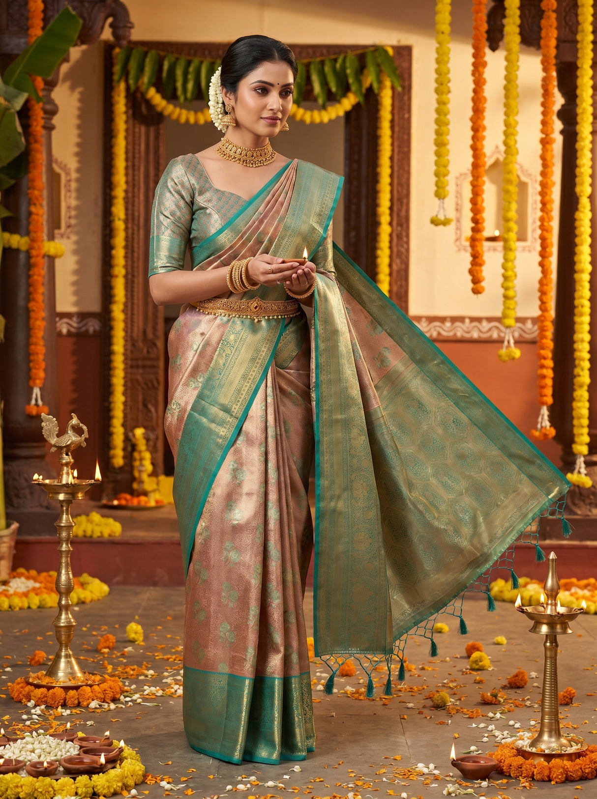 MIMOSA Maroon Kanjivaram Art Silk Saree — Model in Festive Setting