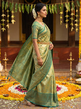 MIMOSA Olive Kanjivaram Art Silk Saree — Model in Festive Setting