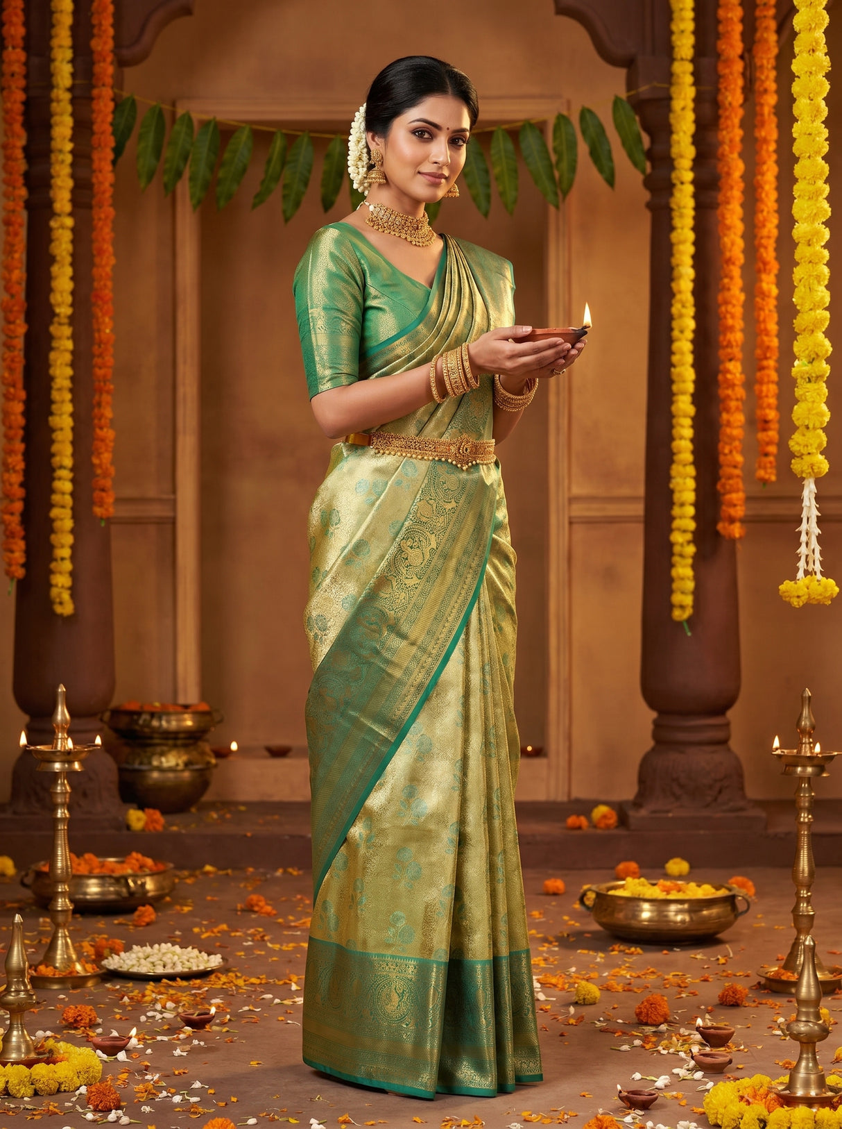MIMOSA Olive Kanjivaram Art Silk Saree — pose 4 styling detail