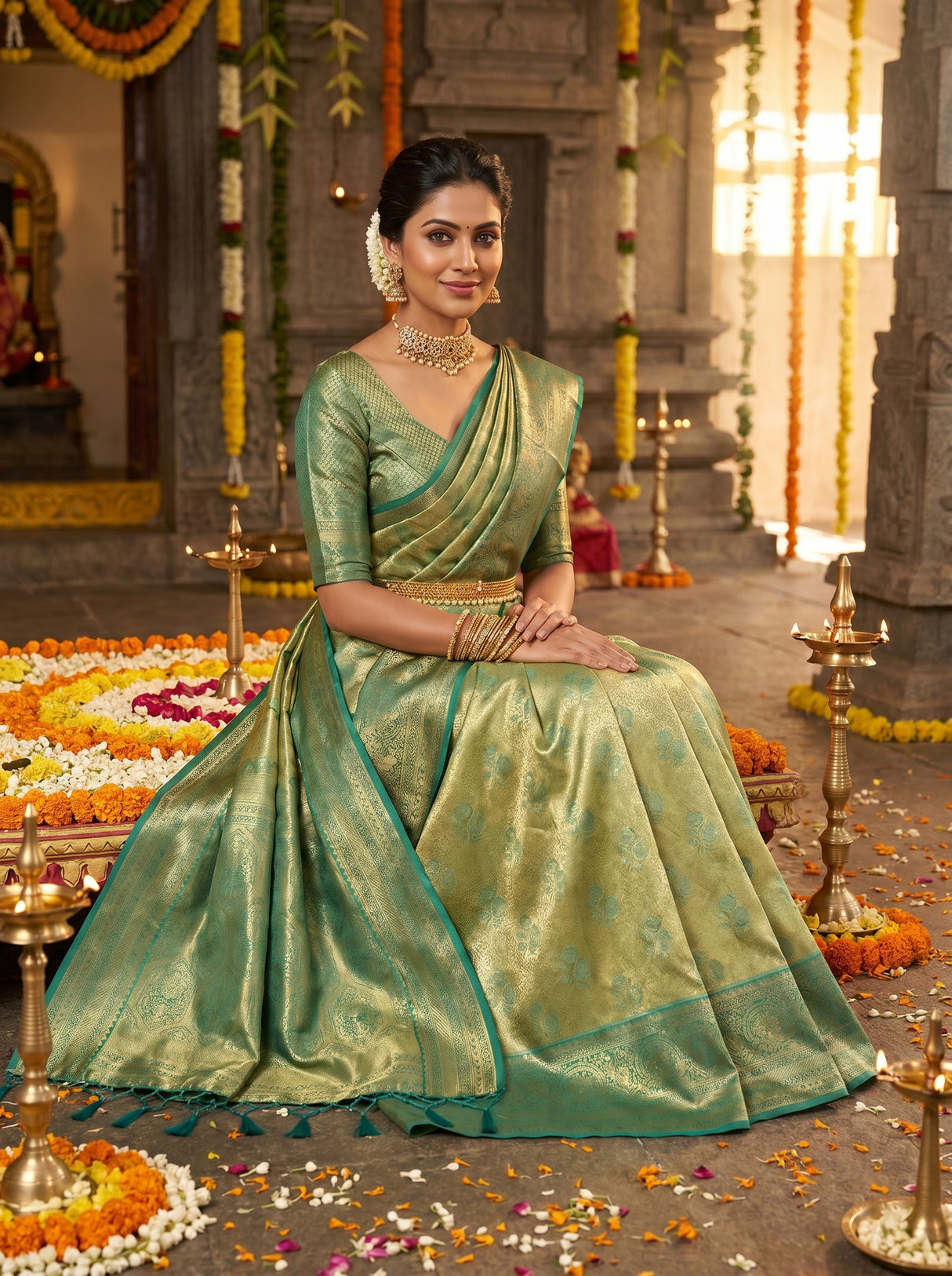 MIMOSA Olive Kanjivaram Art Silk Saree — pose 8 styling detail