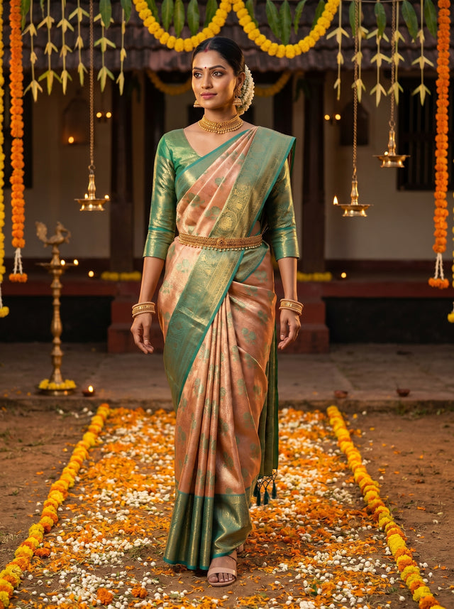 MIMOSA Orange Kanjivaram Art Silk Saree — Draped Mannequin View