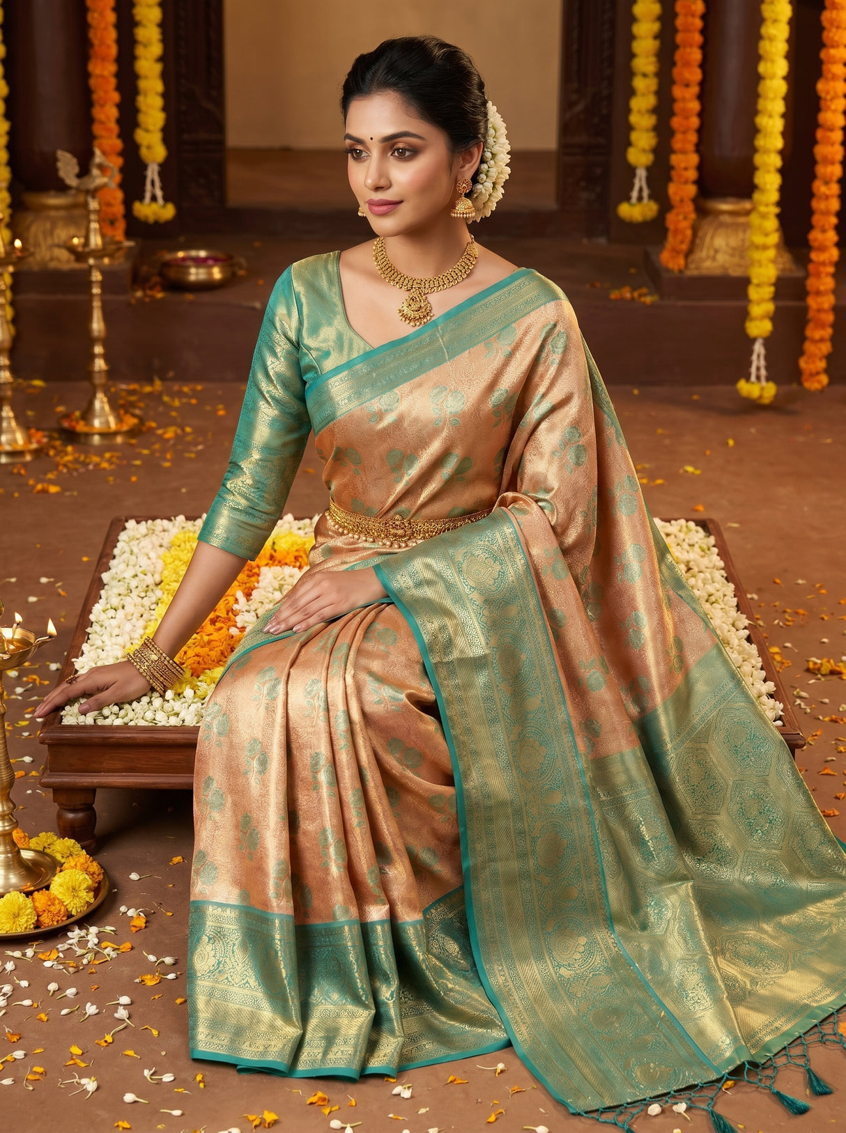 MIMOSA Orange Kanjivaram Art Silk Saree — pose 8 styling detail