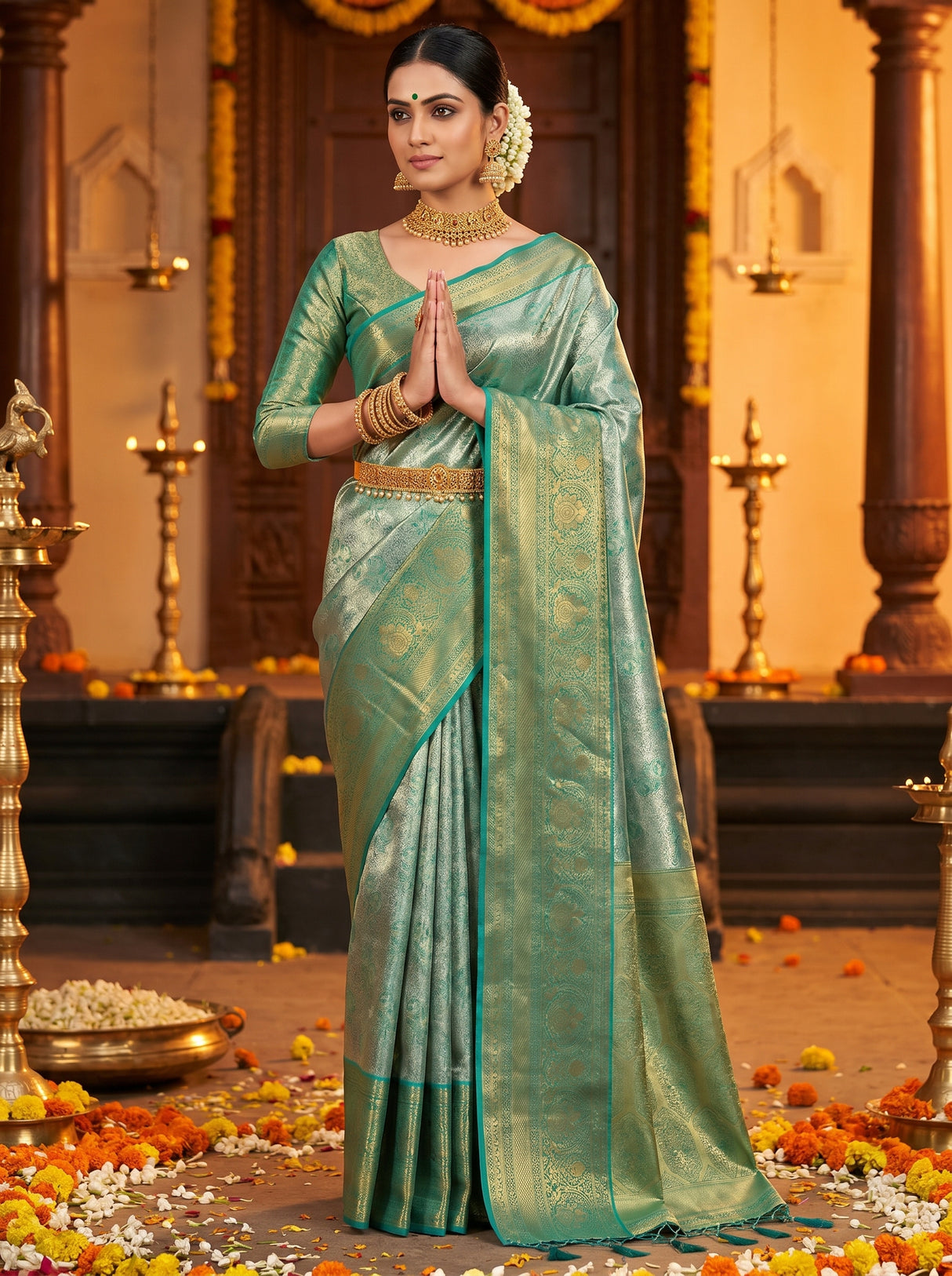 MIMOSA Saffire Kanjivaram Art Silk Saree — Draped Mannequin View