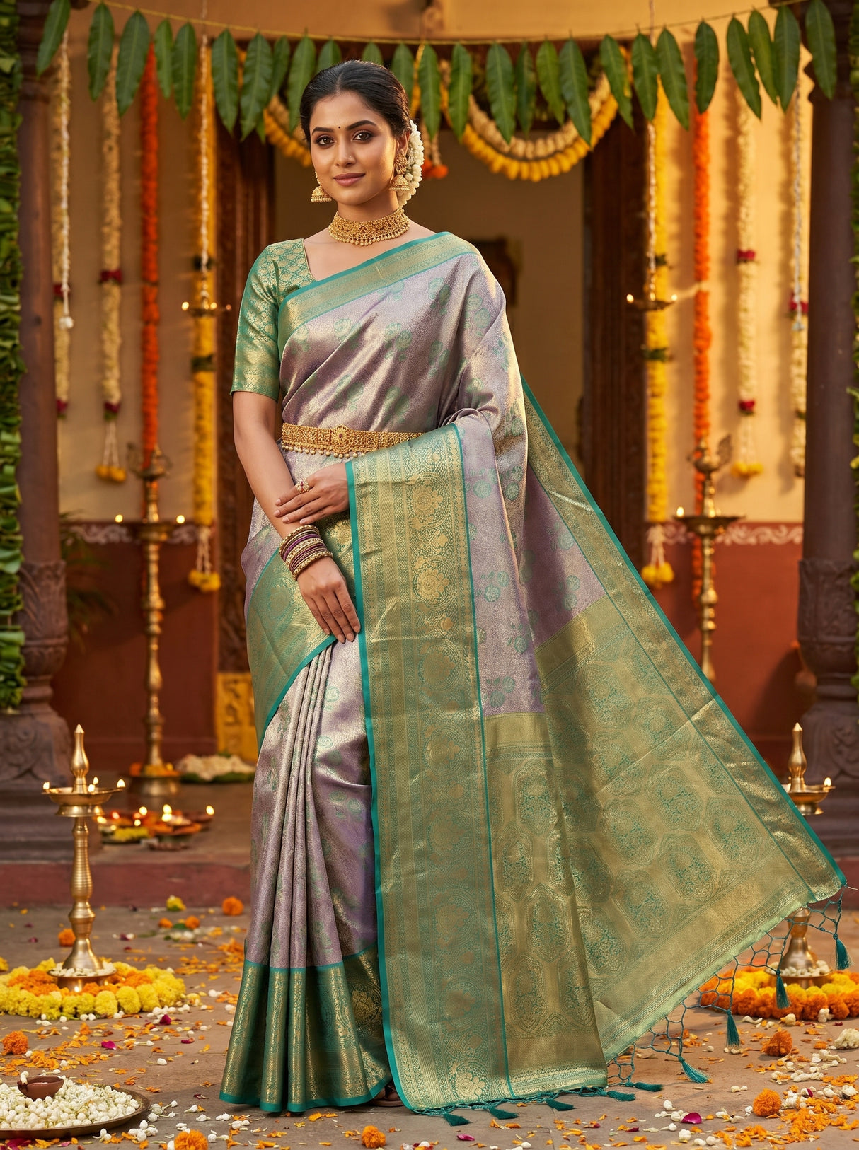 MIMOSA Violet Kanjivaram Art Silk Saree — Draped Mannequin View