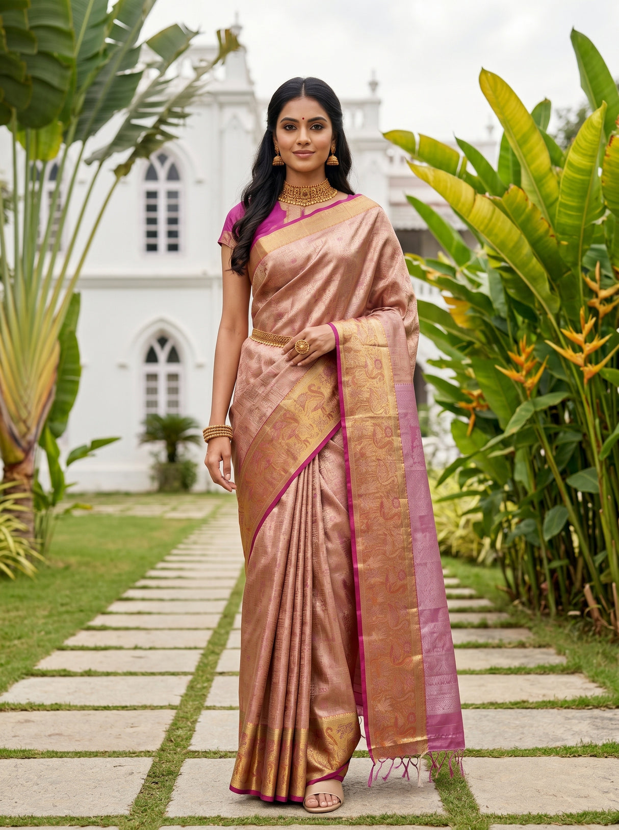 MIMOSA Peach Kanjivaram Art Silk Saree — AI model pose 1