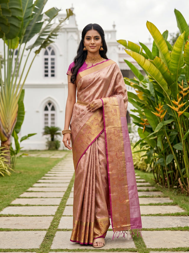 MIMOSA Peach Kanjivaram Art Silk Saree — AI model pose 1