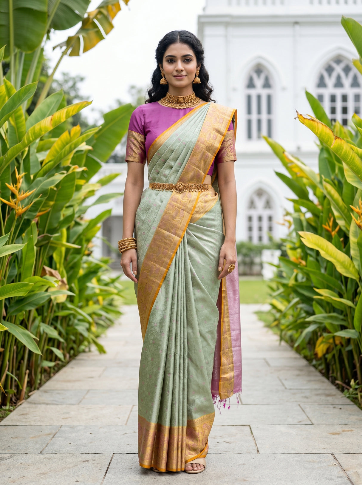MIMOSA Parrot Green Kanjivaram Art Silk Saree — AI model pose 1