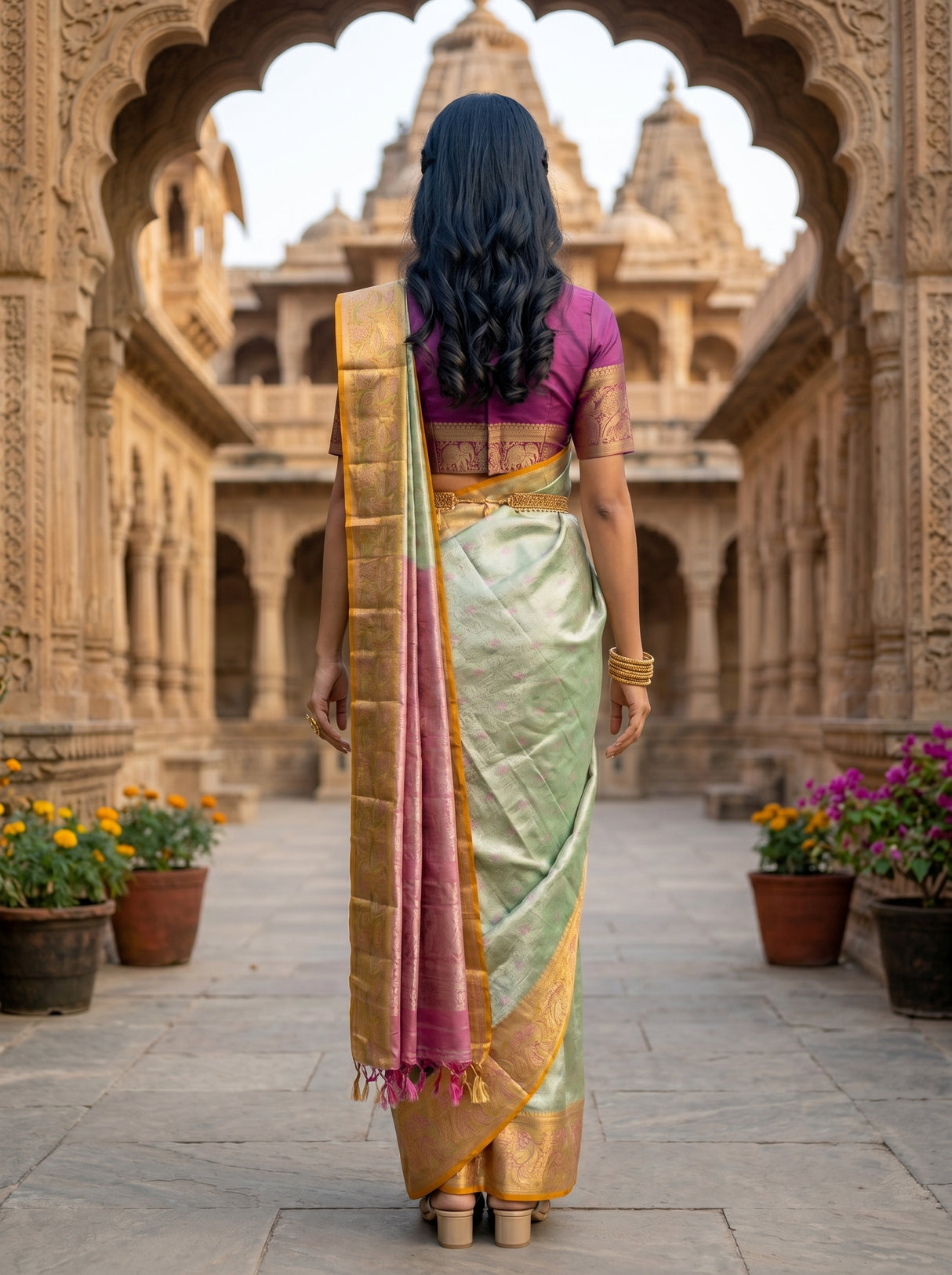 MIMOSA Parrot Green Kanjivaram Art Silk Saree — pose 2 styling detail
