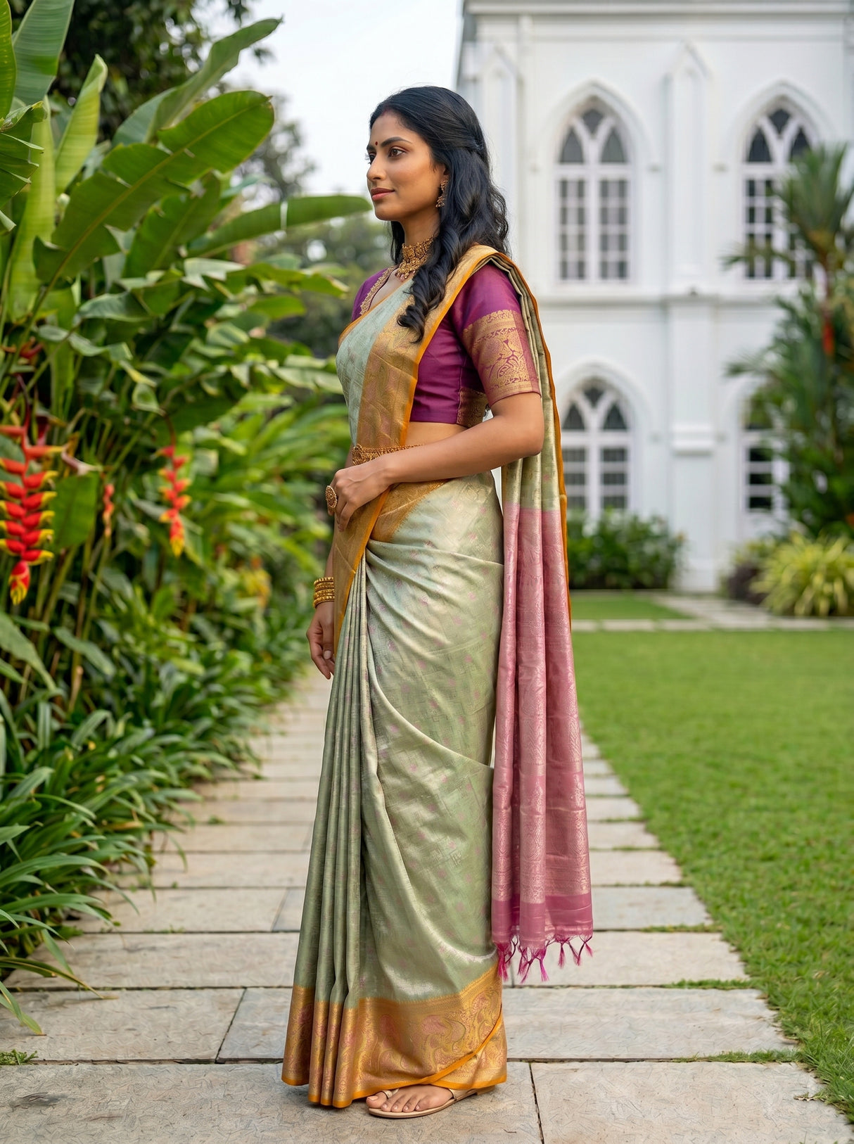 MIMOSA Parrot Green Kanjivaram Art Silk Saree — pose 3 styling detail