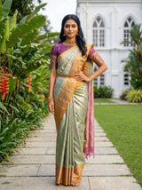 MIMOSA Parrot Green Kanjivaram Art Silk Saree — pose 4 styling detail