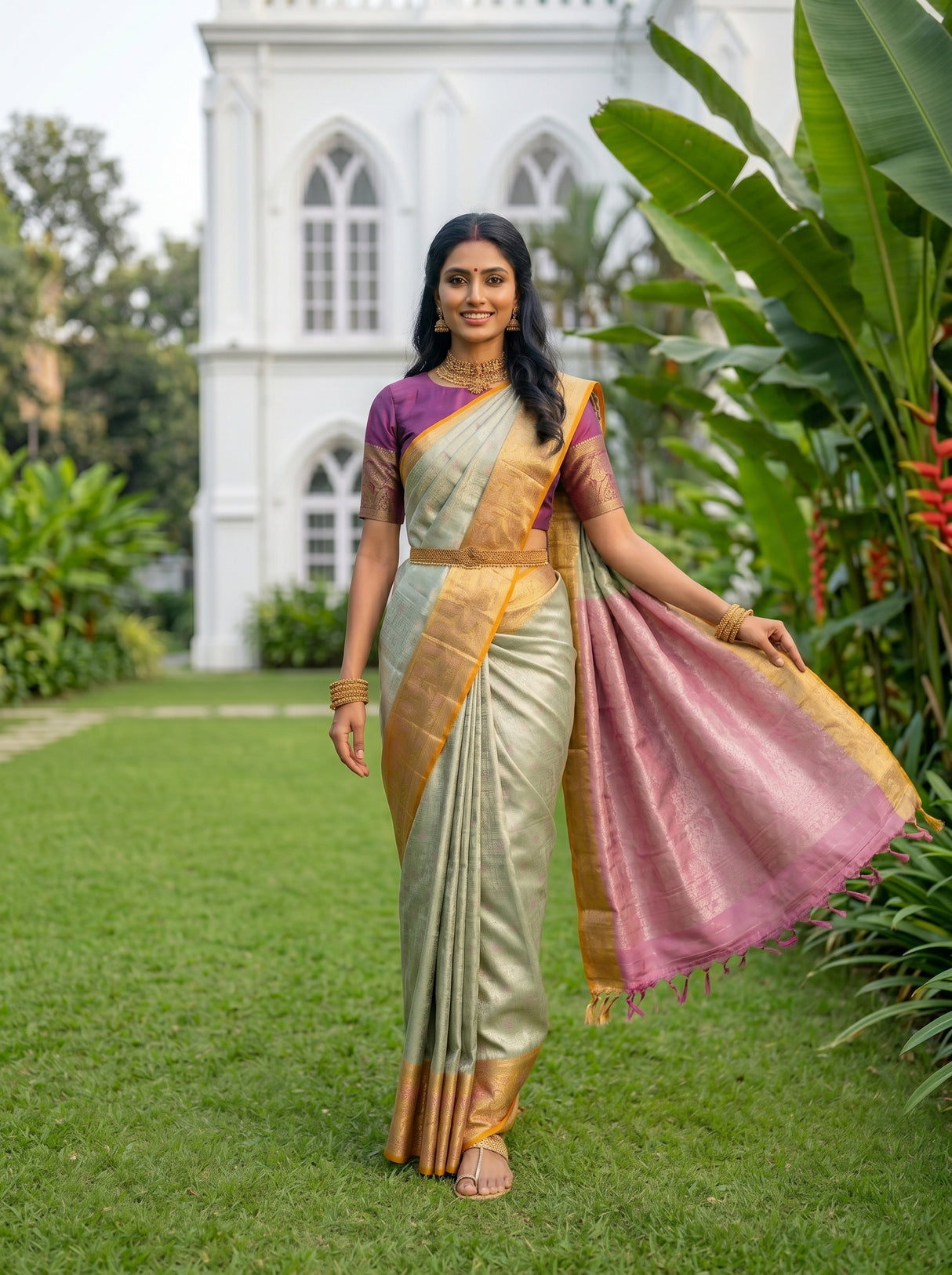 MIMOSA Parrot Green Kanjivaram Art Silk Saree — pose 5 styling detail