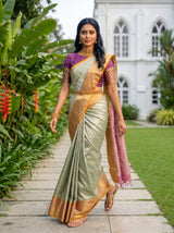 MIMOSA Parrot Green Kanjivaram Art Silk Saree — pose 6 styling detail