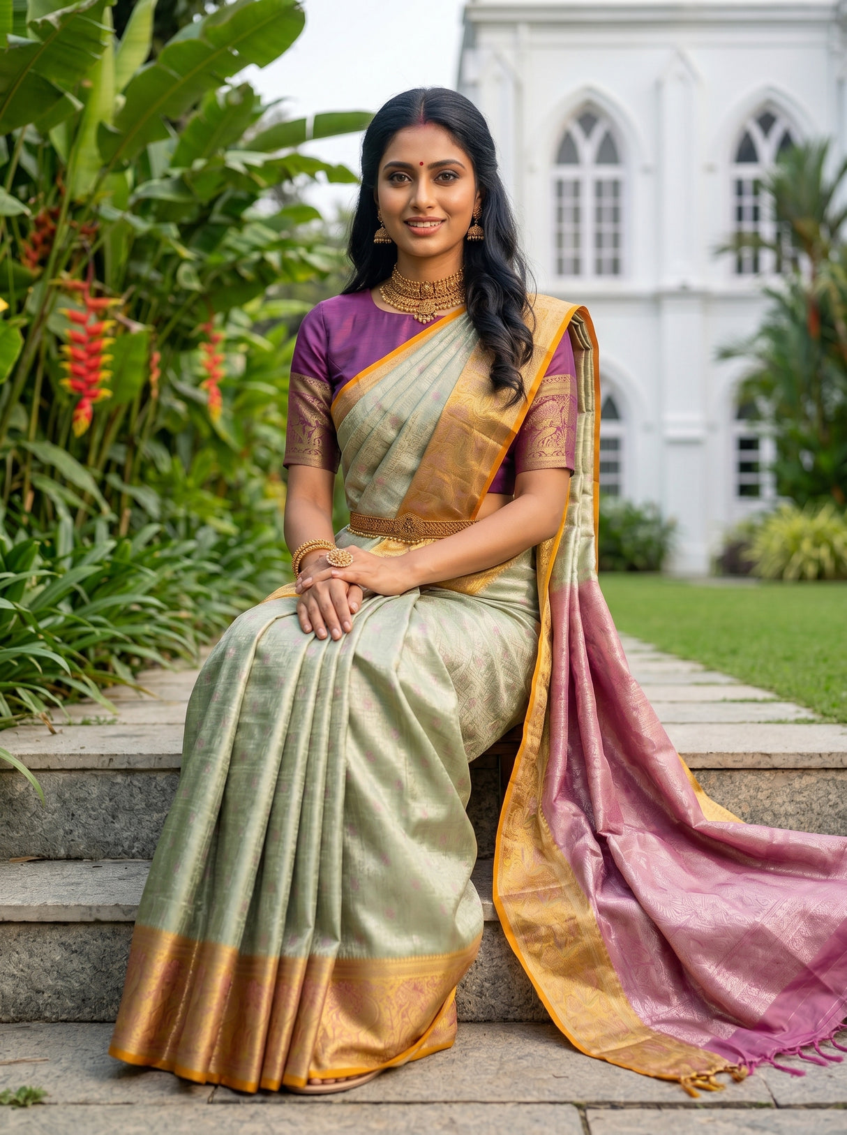 MIMOSA Parrot Green Kanjivaram Art Silk Saree — pose 8 styling detail