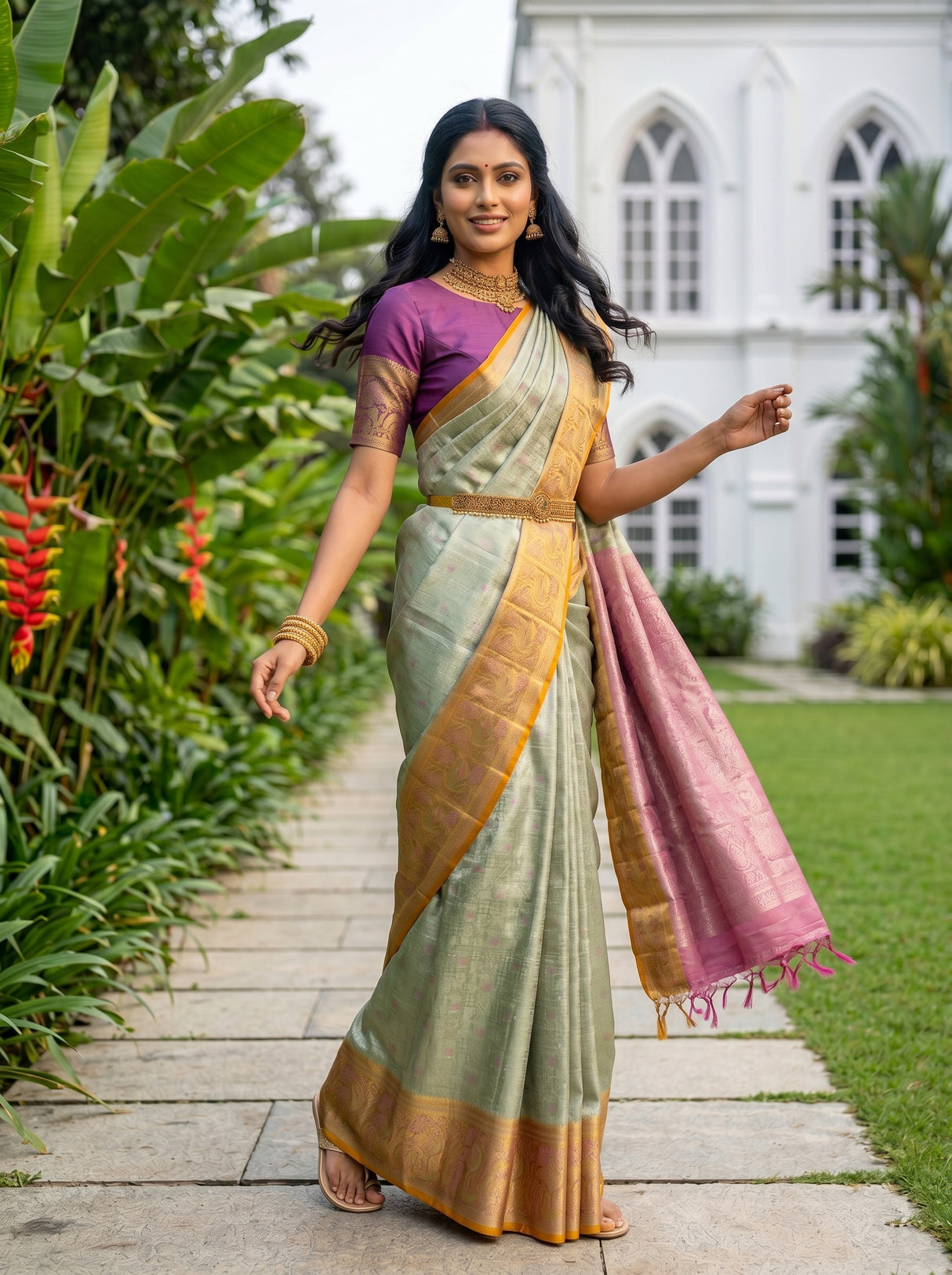 MIMOSA Parrot Green Kanjivaram Art Silk Saree — pose 9 styling detail