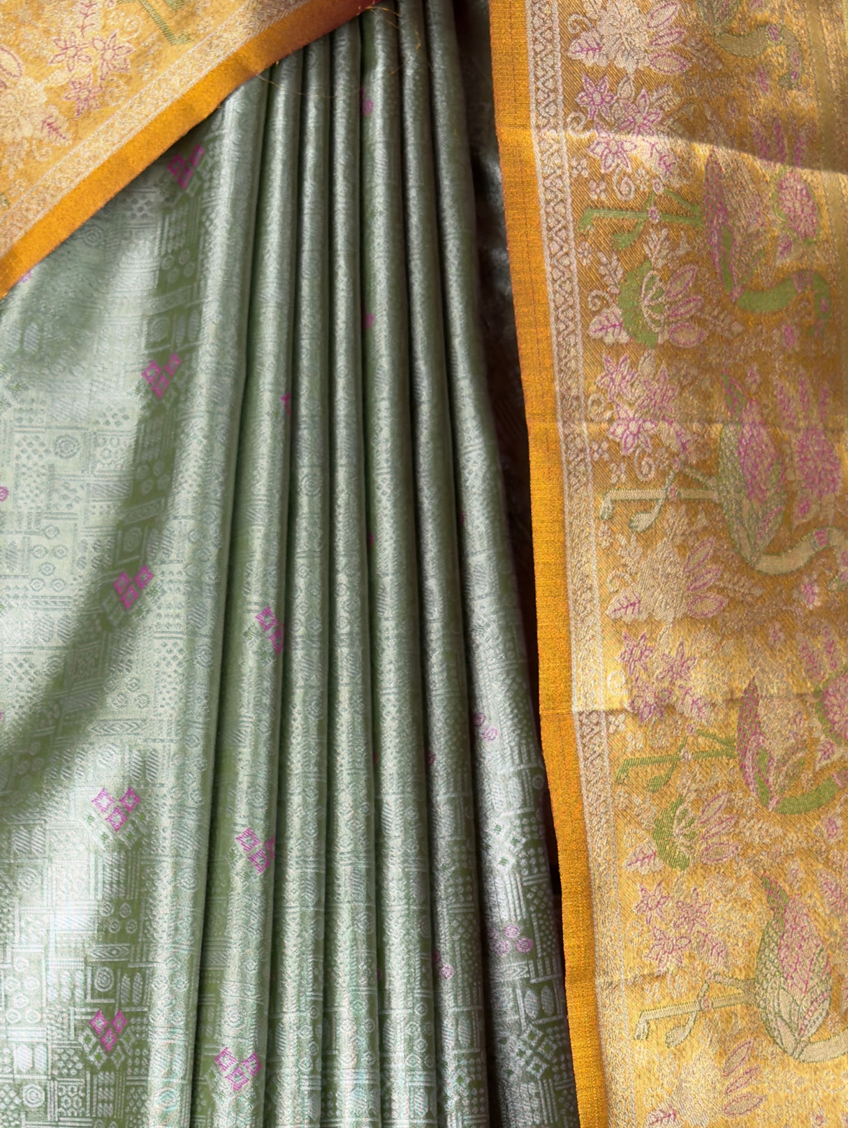 MIMOSA Parrot Green Kanjivaram Art Silk Saree — fleets shot full lifestyle