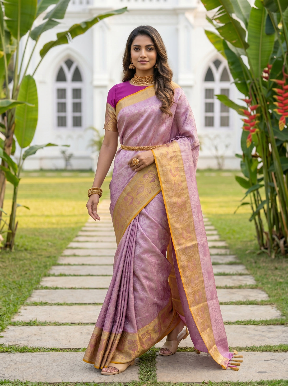 MIMOSA Pink Kanjivaram Art Silk Saree — pose 6 styling detail