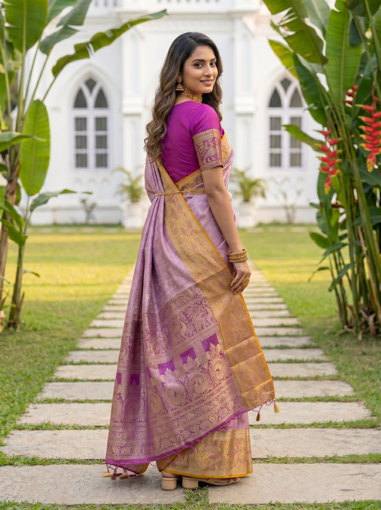 MIMOSA Pink Kanjivaram Art Silk Saree — pose 7 styling detail