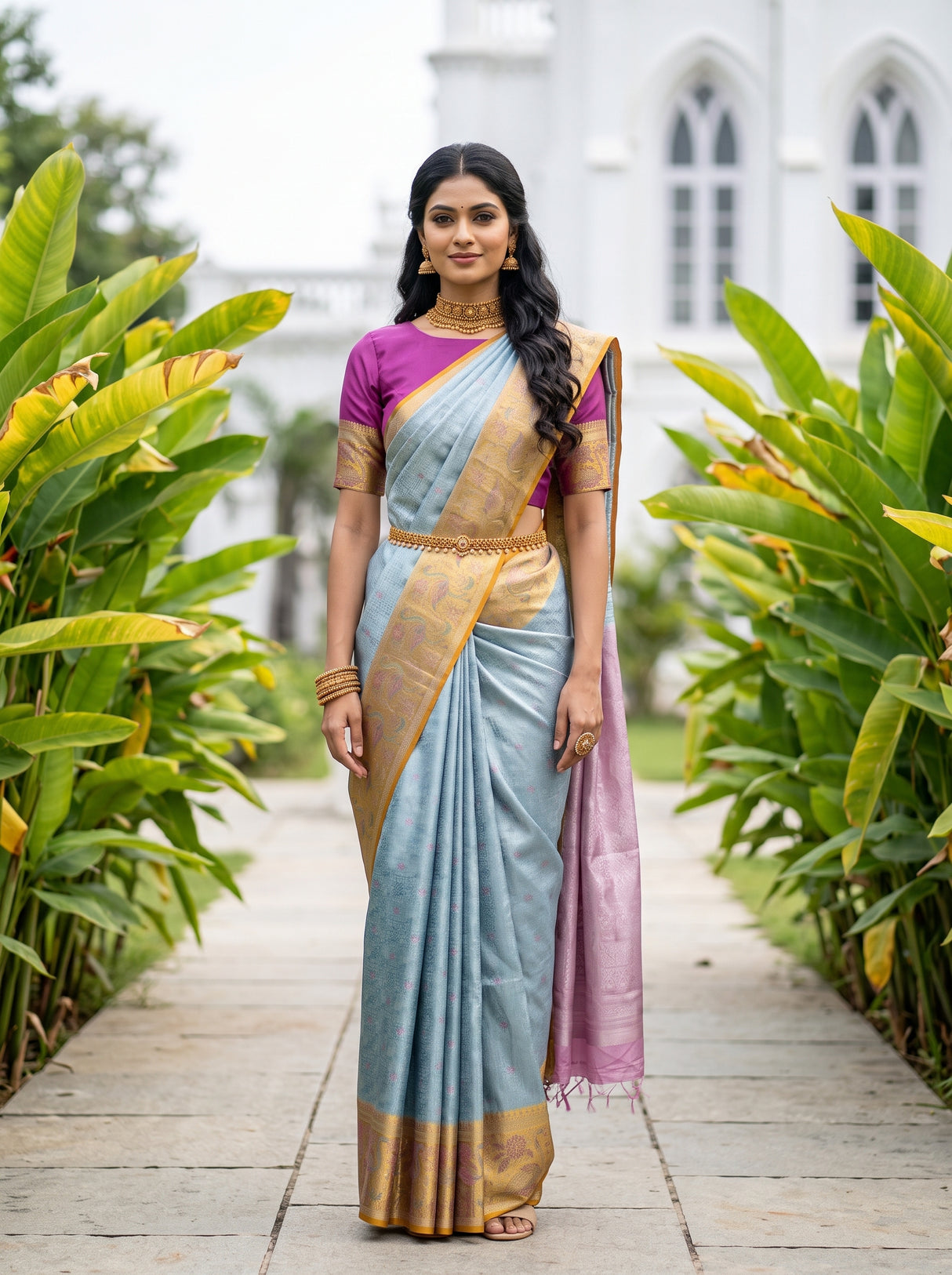 MIMOSA Sapphire Kanjivaram Art Silk Saree — AI model pose 1