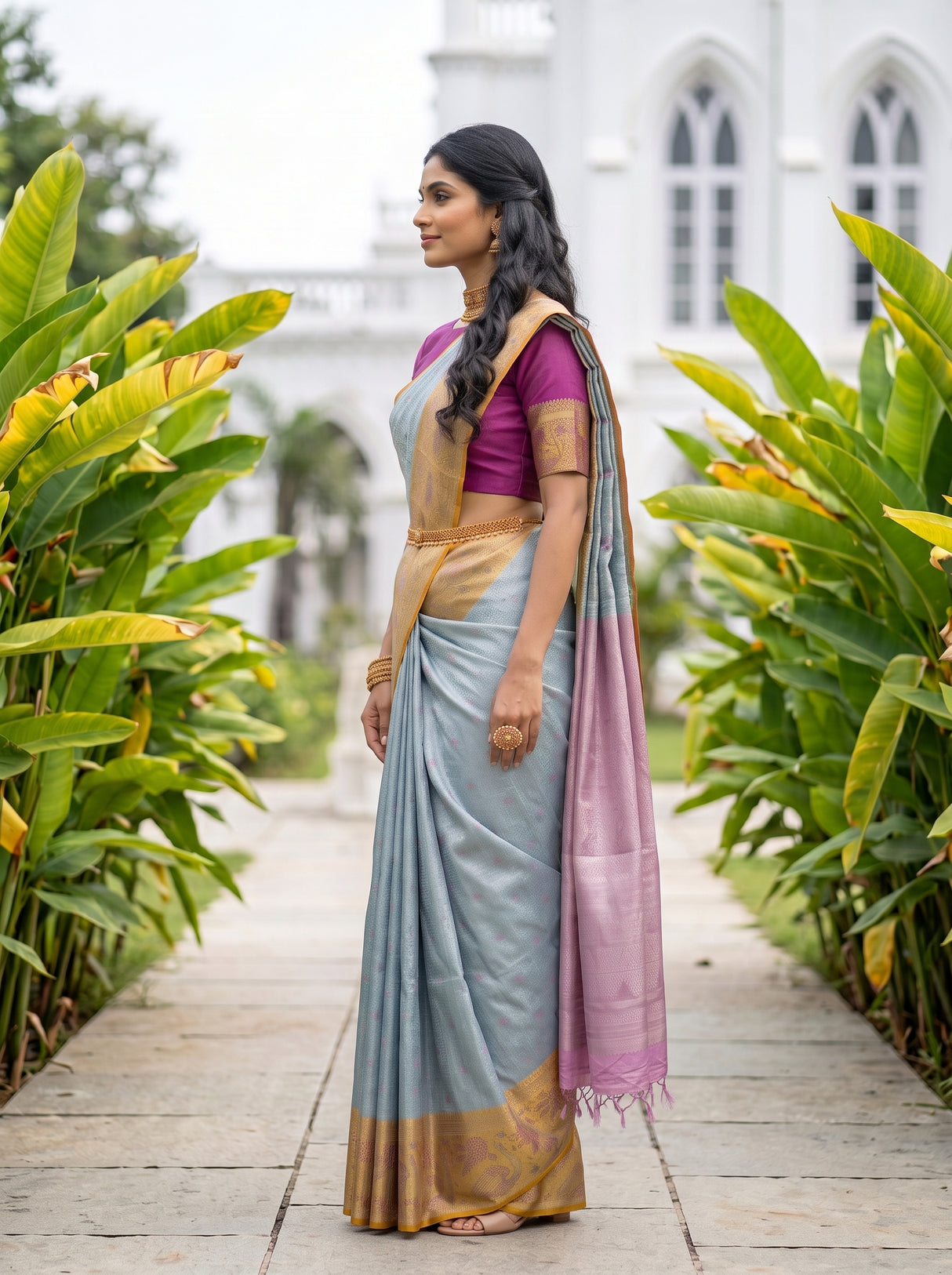 MIMOSA Sapphire Kanjivaram Art Silk Saree — pose 3 styling detail