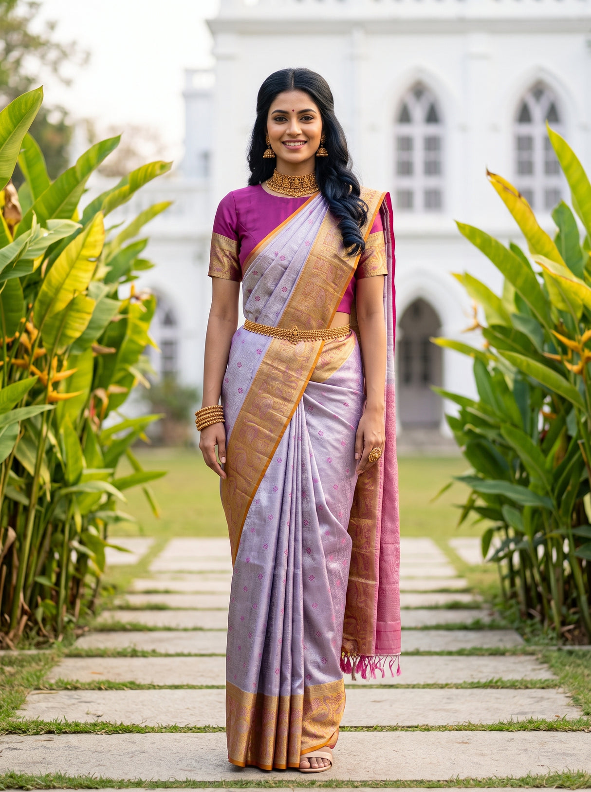 MIMOSA Violet Kanjivaram Art Silk Saree — AI model pose 1