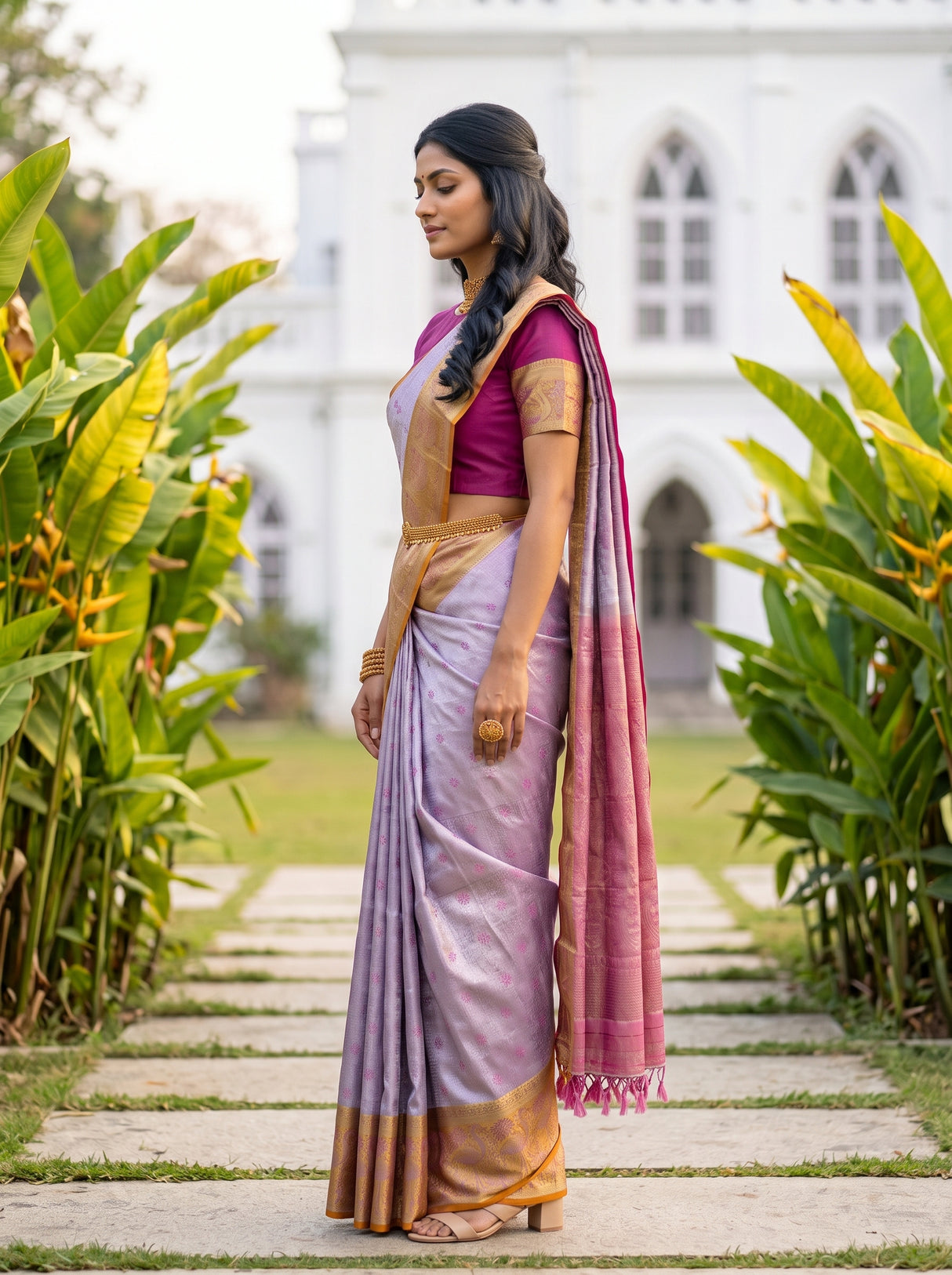 MIMOSA Violet Kanjivaram Art Silk Saree — pose 3 styling detail