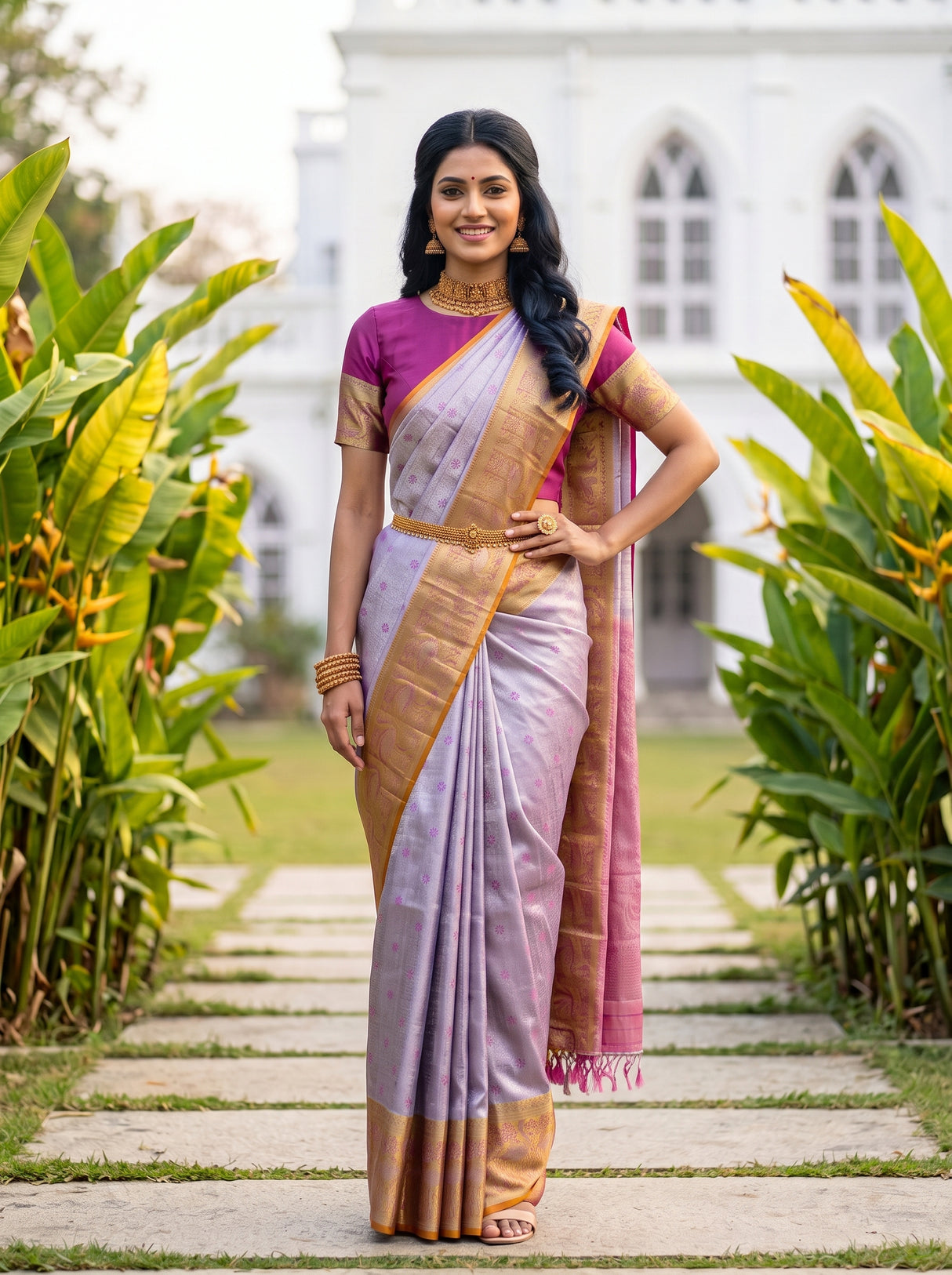 MIMOSA Violet Kanjivaram Art Silk Saree — pose 4 styling detail
