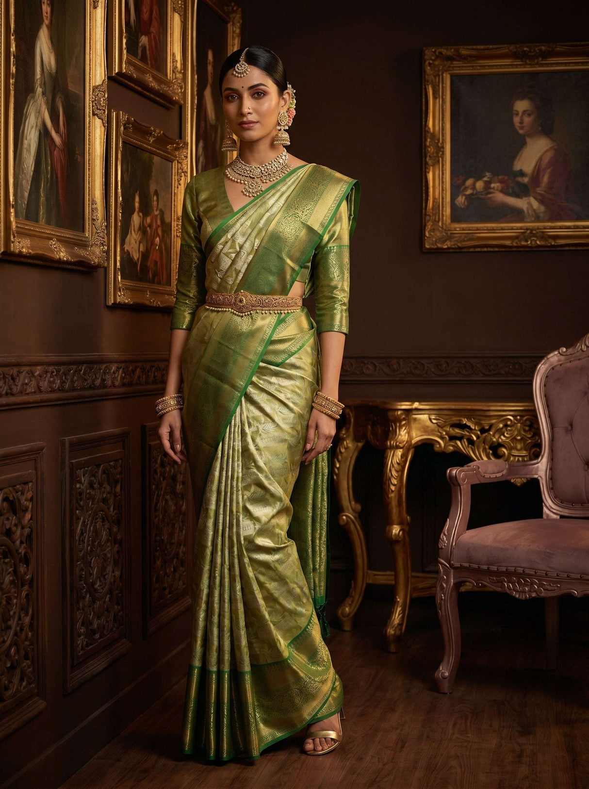 MIMOSA Olive Kanjivaram Art Silk Saree — pose 5 styling detail