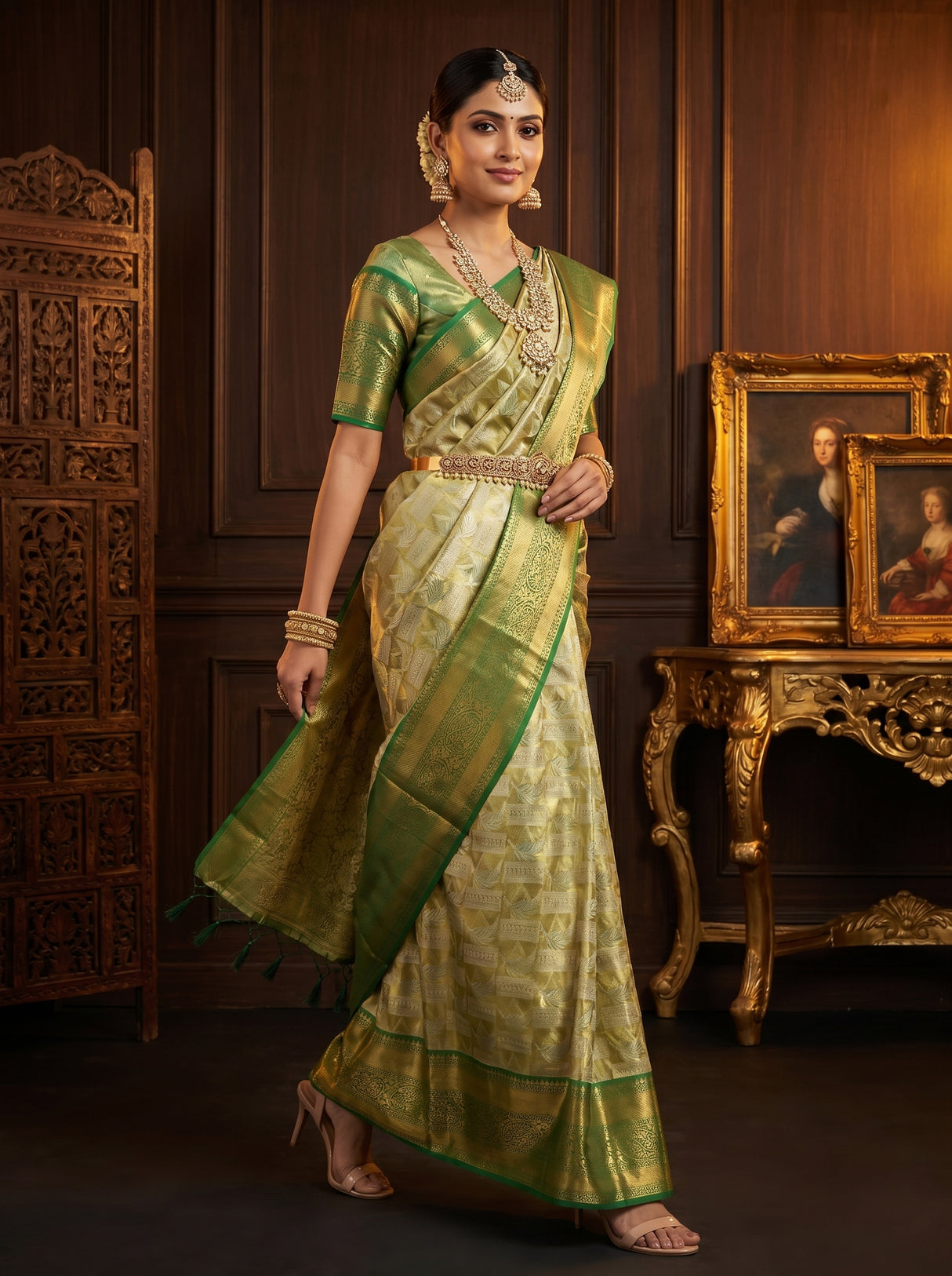 MIMOSA Olive Kanjivaram Art Silk Saree — pose 7 styling detail