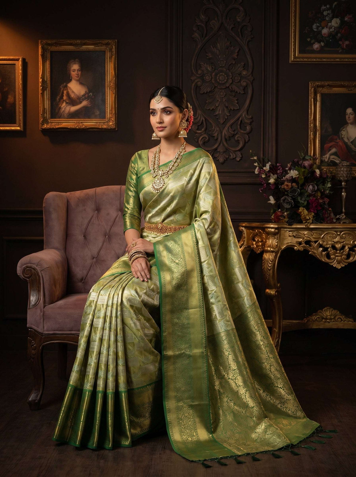 MIMOSA Olive Kanjivaram Art Silk Saree — pose 8 styling detail