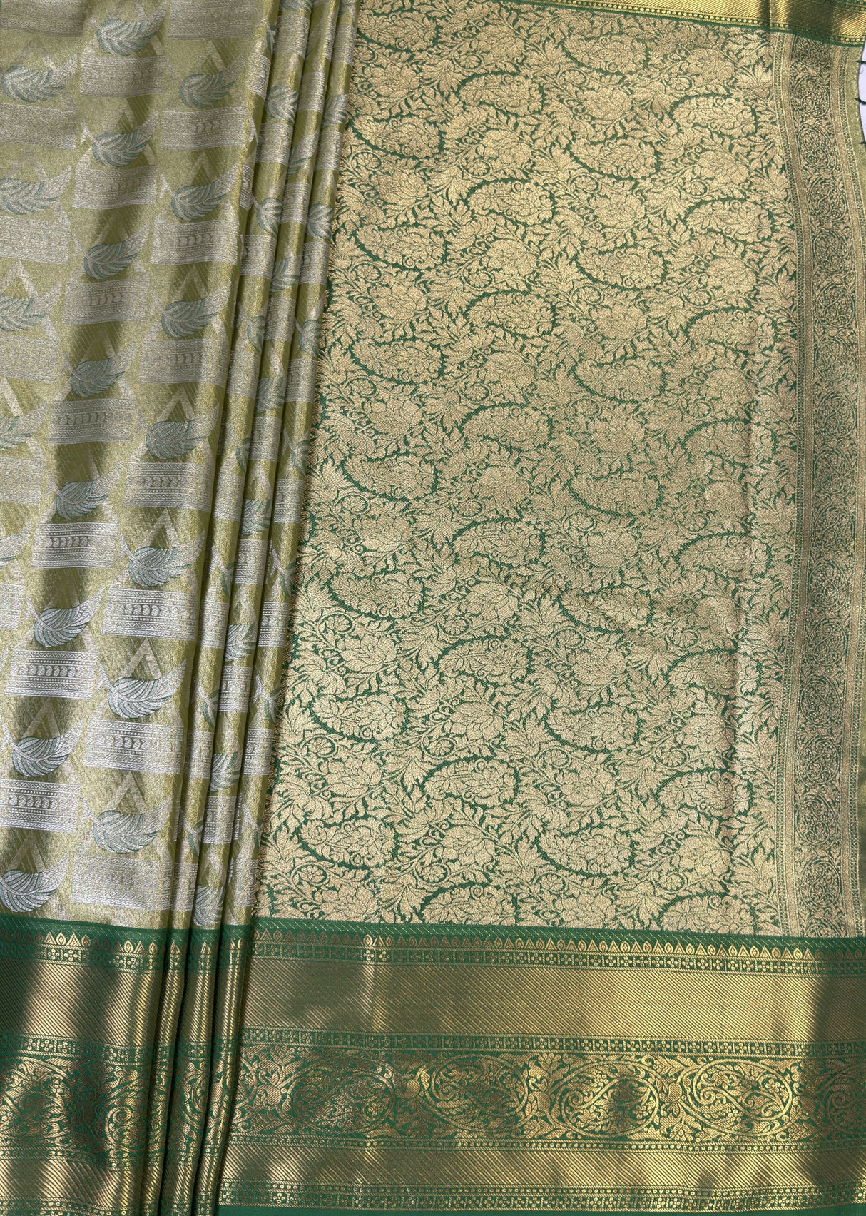 MIMOSA Olive Kanjivaram Art Silk Saree — pallu and zari work detail