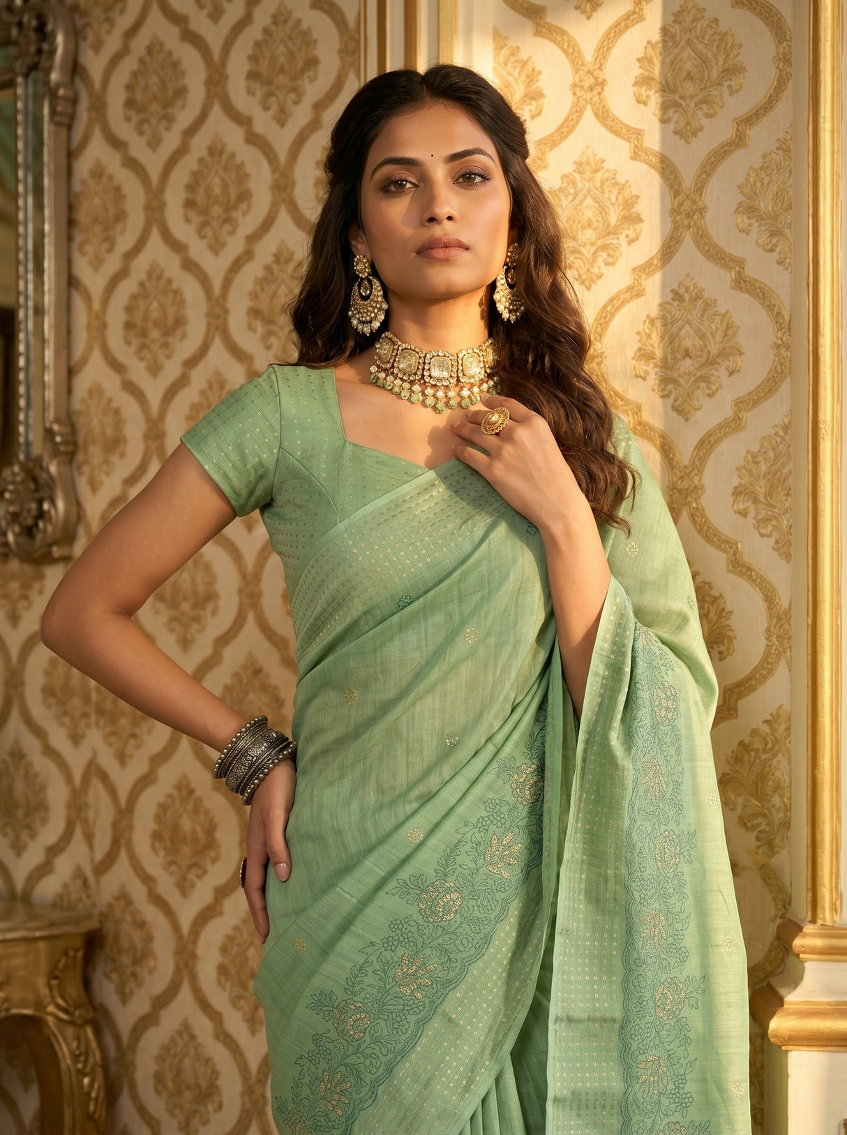 MIMOSA Pista Banarasi Art Silk Saree — pose 10 styling detail