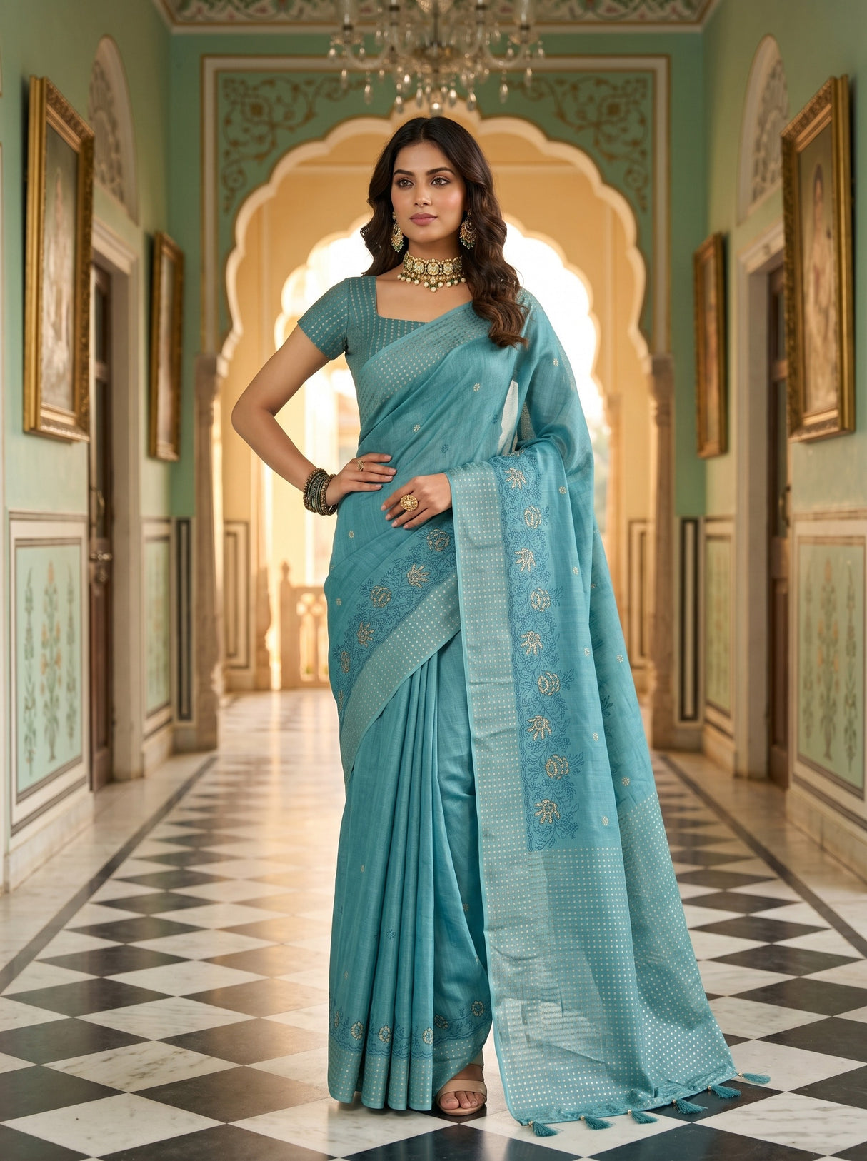 MIMOSA Sapphire Banarasi Art Silk Saree — Model lifestyle pose 1