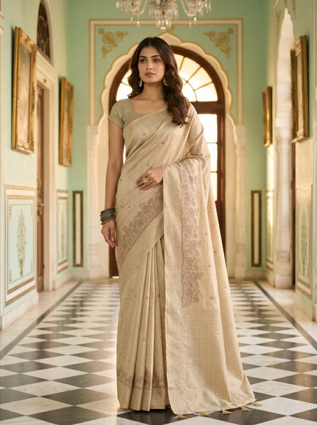 MIMOSA Tussar Banarasi Art Silk Saree — Model lifestyle pose 1