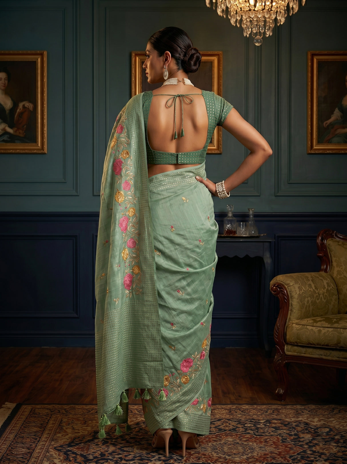 MIMOSA Pista Saree Saree — pose 2 styling detail