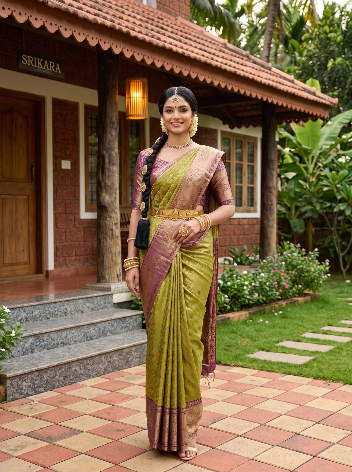 MIMOSA Olive Kanjivaram Art Silk Saree — AI Model lifestyle pose