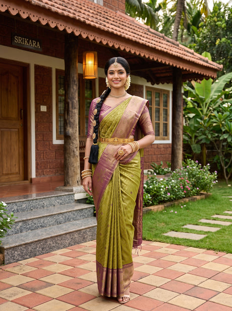MIMOSA Olive Kanjivaram Art Silk Saree — AI Model lifestyle pose