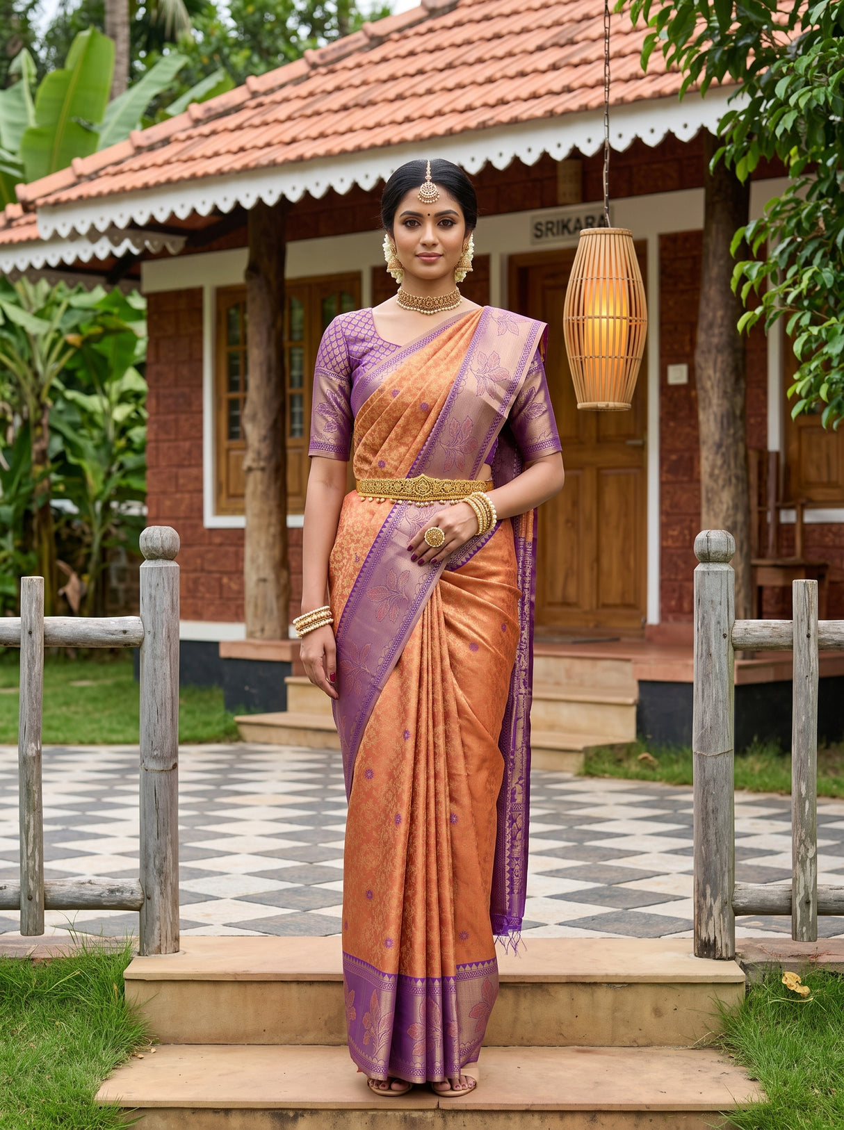 MIMOSA Peach Kanjivaram Art Silk Saree — AI Model lifestyle pose