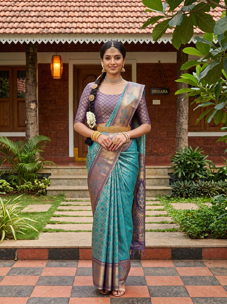 MIMOSA Sapphire Kanjivaram Art Silk Saree — AI Model lifestyle pose